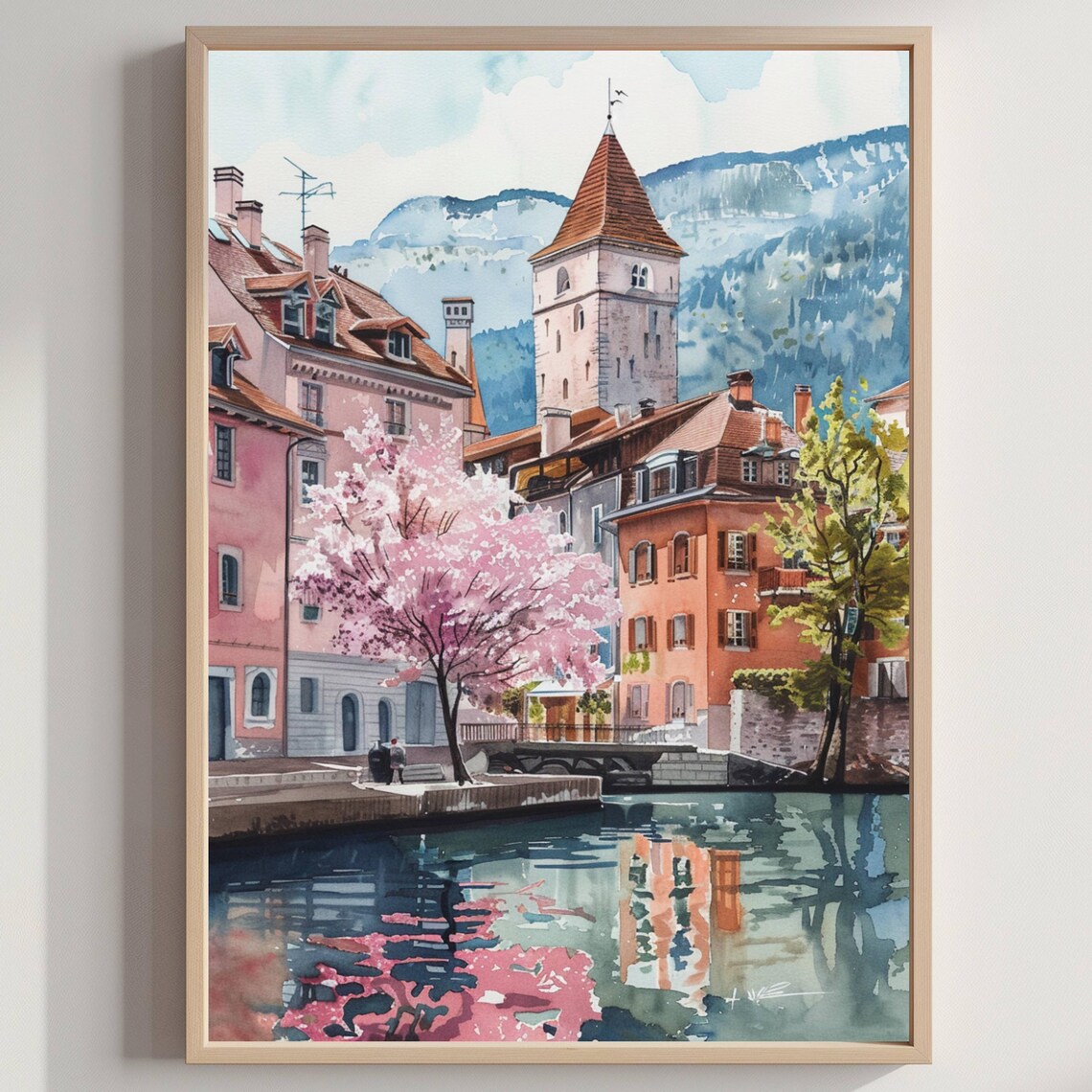 Annecy France Canal Cherry Blossom Old Town Watercolor Poster
