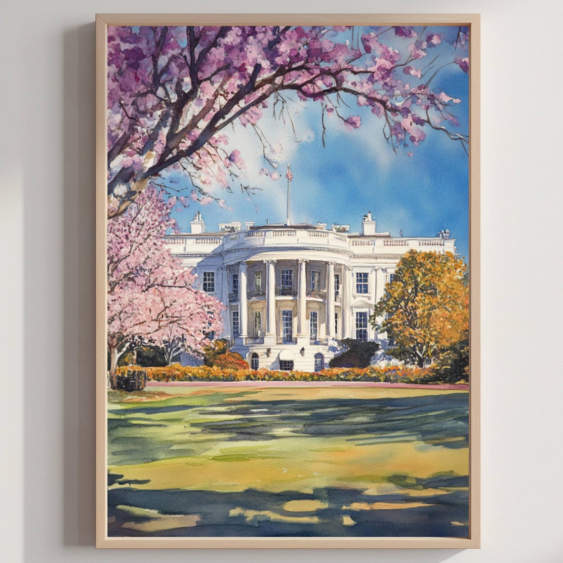 White House Cherry Blossom Spring Blooms Watercolor DC Poster