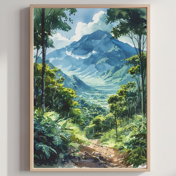 Misty Blue Mountain Valley Jungle Trail Watercolor Landscape Poster