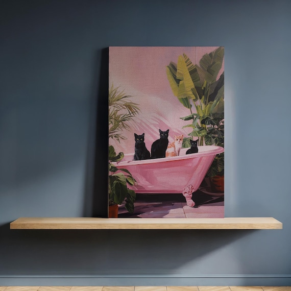 Cats In Pink Bathtub Whimsical Tropical Cat Bathroom Wall Art