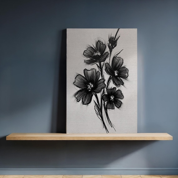 Black Floral Line Art Canvas Print Framed Monochrome Flower Sketch Wall Modern Botanical Drawing For Kitchen Or Minimalist Space