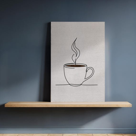 Coffee Cup Line Art Canvas Minimalist Black Ink Mug Drawing On Beige Framed Kitchen Wall Decor For Caf Lovers And Modern Cozy Interiors