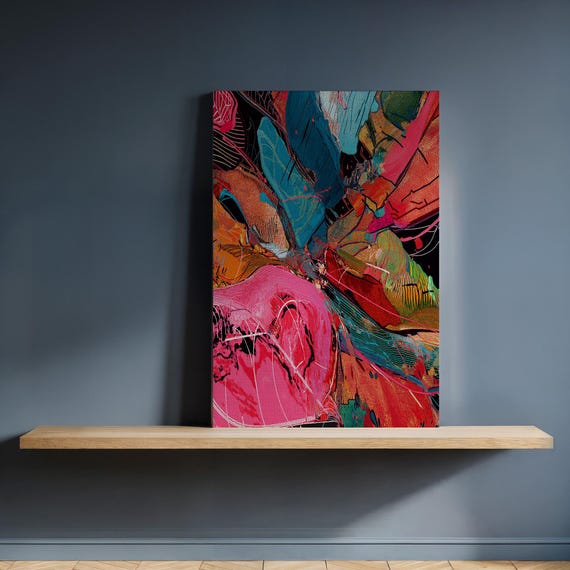 Vibrant Abstract Expressionist Canvas Wall Art Framed Energetic Brushstroke Painting Bold Modern Decor Gift For Creative Colorloving Home