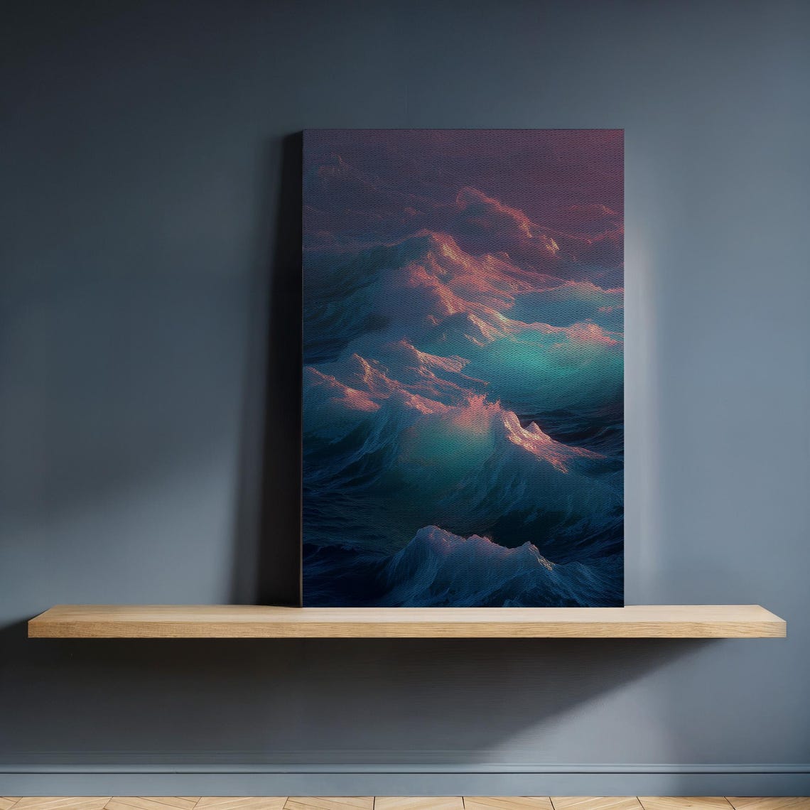 Dramatic Blue Ocean Waves Sunset Moody Seascape Nautical Art Poster
