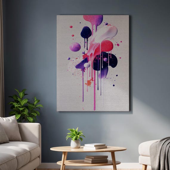 Framed Abstract Drip Art Canvas Purple Pink Ink Splash Wall Print Modern Expressionist Fluid Painting For Bold Contemporary Interiors