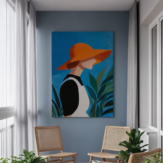 Modern Woman In Orange Hat Profile Minimalist Tropical Wall Art