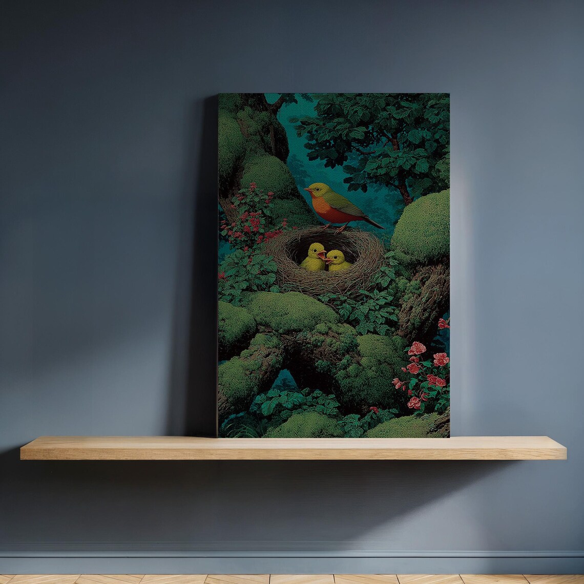 Yellow Birds Nest Lush Mossy Forest Vintage Nature Art Poster