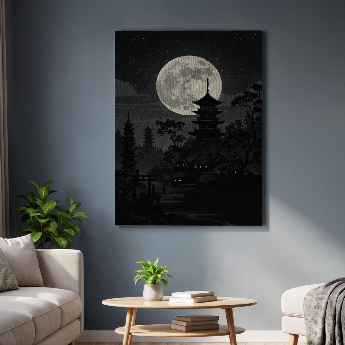 Moonlit Japanese Temple Pagoda Night Scene Full Moon Sky Poster