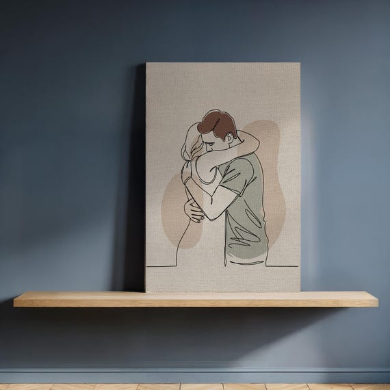 Couple Hug Canvas Wall Art Minimalist Line Drawing In Beige Tones Framed Romantic Embrace Print Modern Love Gift For Kitchen Or Bedroom