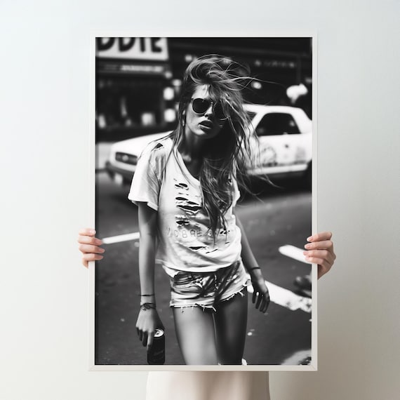 Woman On City Street Black And White Fashion Photography Print Vintage Style