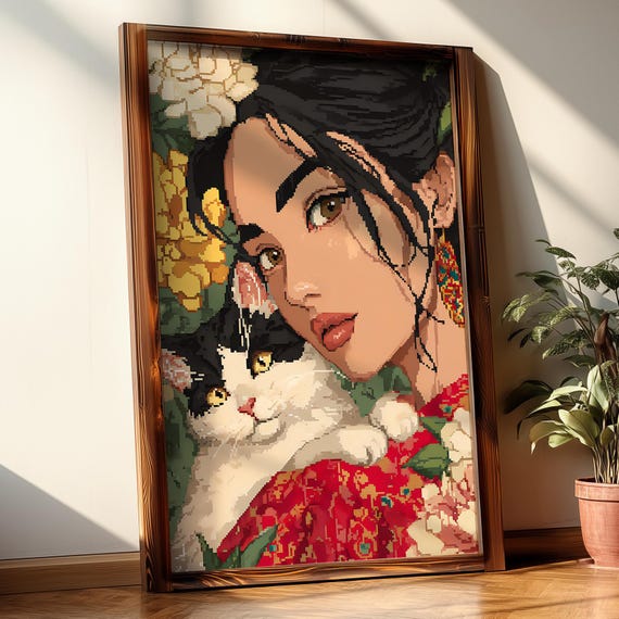 Pixel Art The Lady Cat 8bit Illustration Wall Print Home Decor