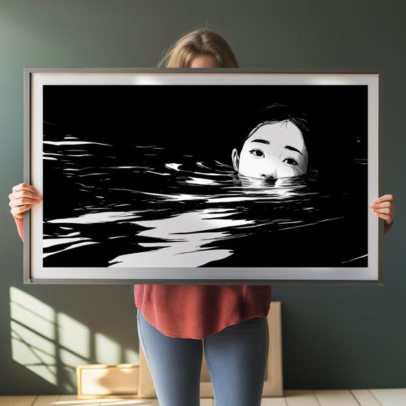 Dark Swim Core Style Art Print Horror Wall Black And White Illustration Comic