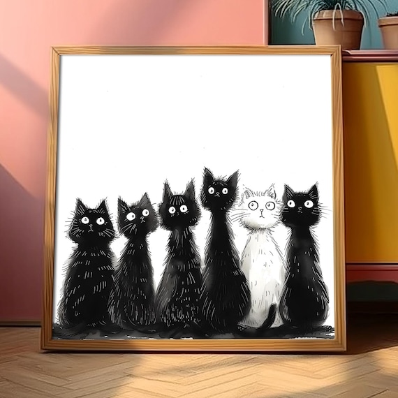 Six Cats In A Row Cute Black And White Nursery Poster Kids Room Animal Art