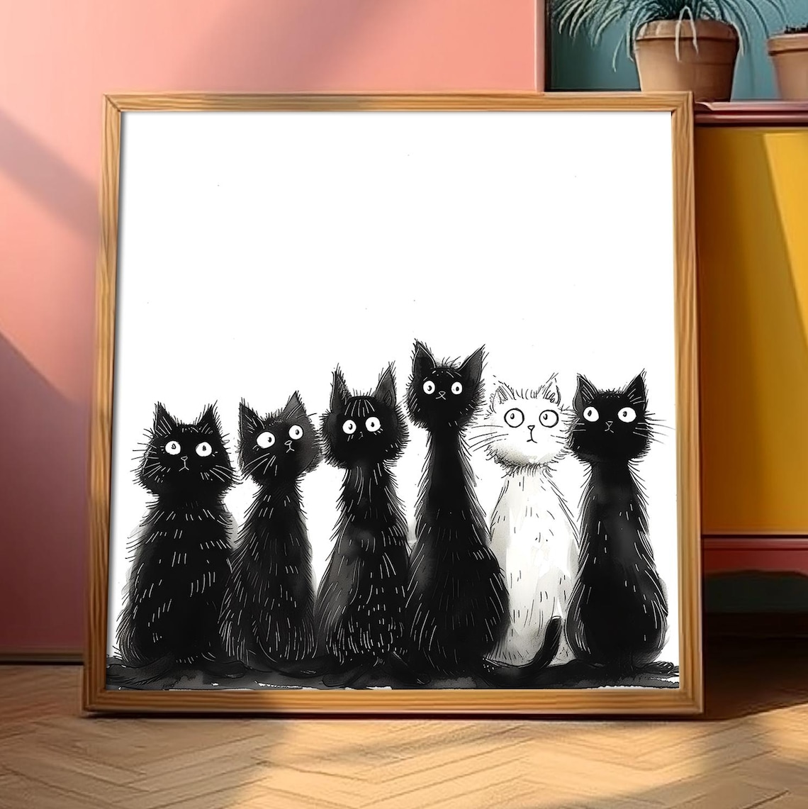 Six Cats In A Row Cute Black And White Nursery Poster Kids Room Animal Art