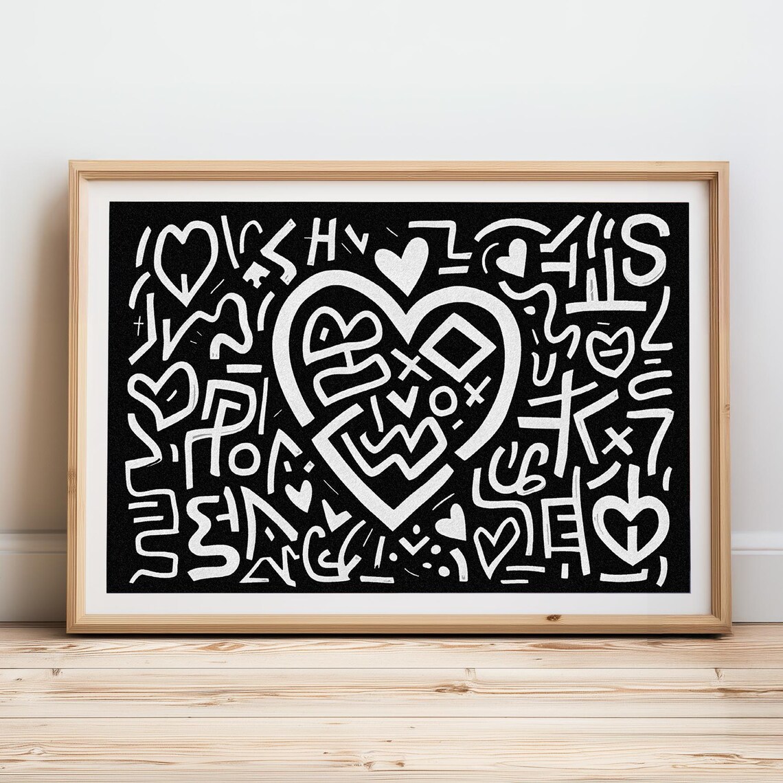 Monochrome Doodle Heart Black And White Graffiti Abstract Art Poster