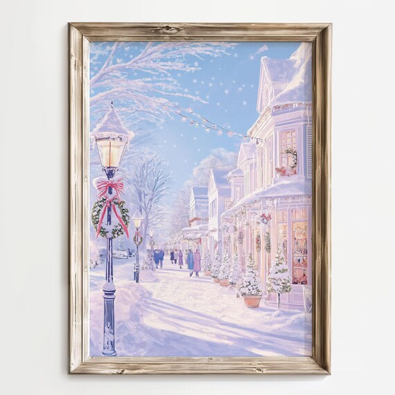 Pastel Pink Snowy New York Street Christmas Holiday Scene Wall Art