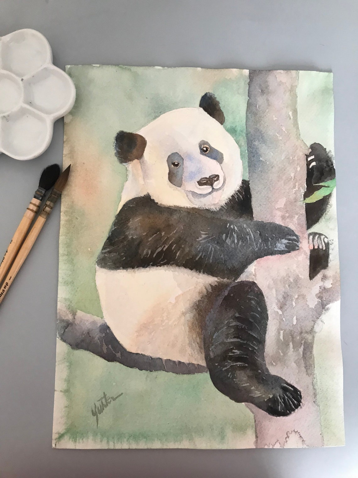 Giant Panda Climbing a Tree Watercolor Wildlife Portrait Poster - Image 3