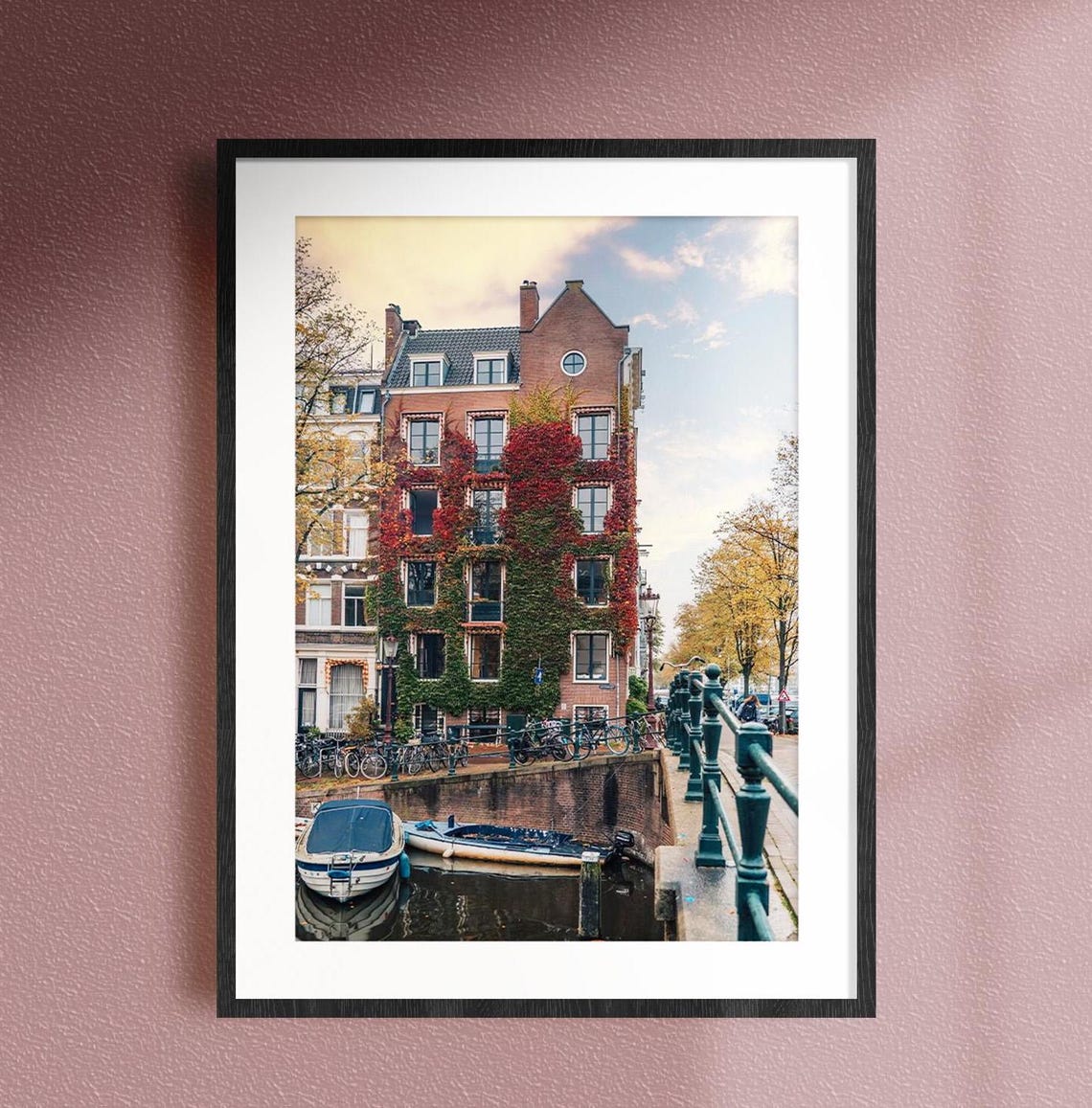 Amsterdam Netherlands Ivy Covered Canal House With Boats Photo Poster