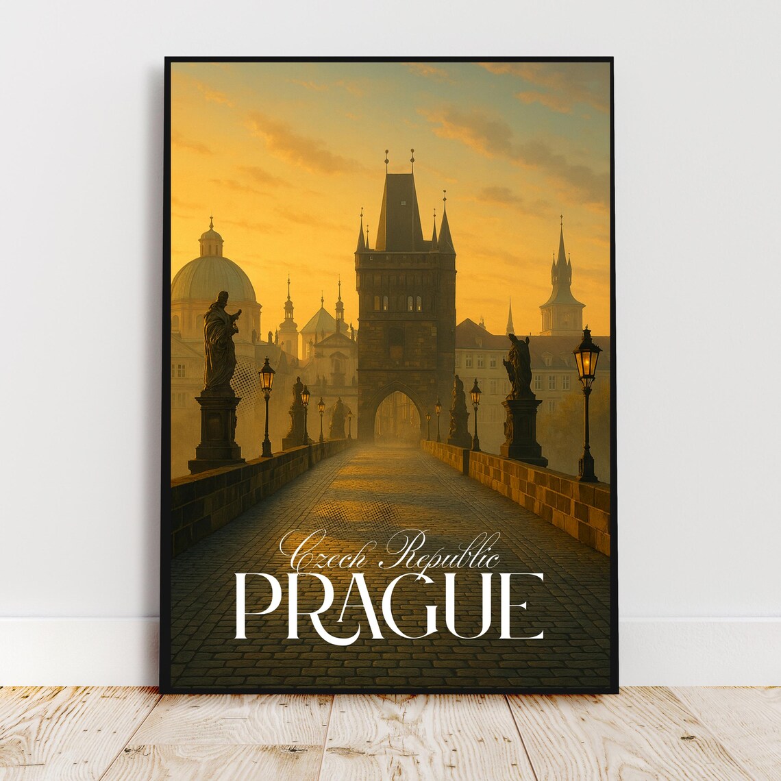 Prague Czech Republic Charles Bridge At Sunset Vintage Travel Poster