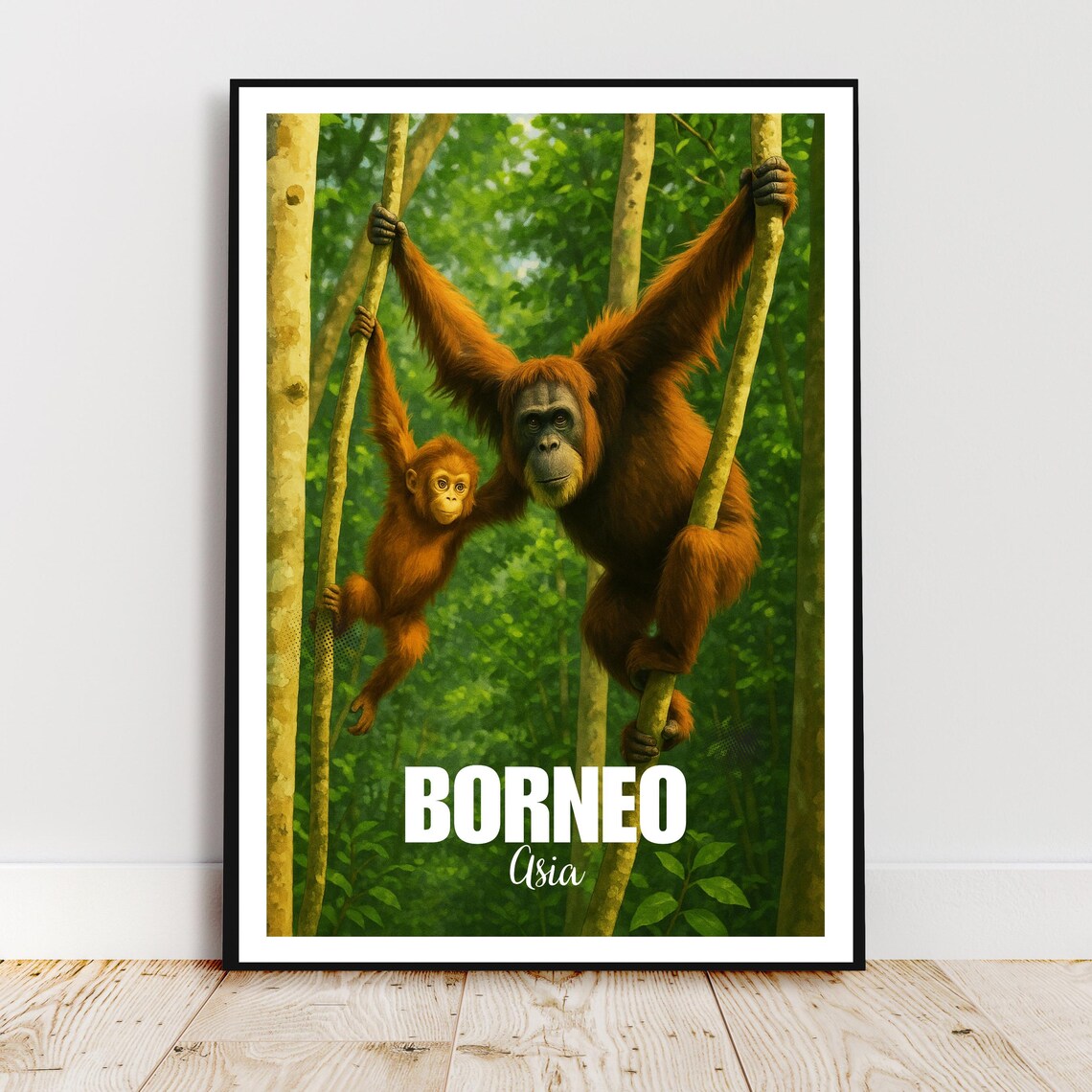 Borneo Orangutan Mother and Baby Jungle Vintage Travel Poster