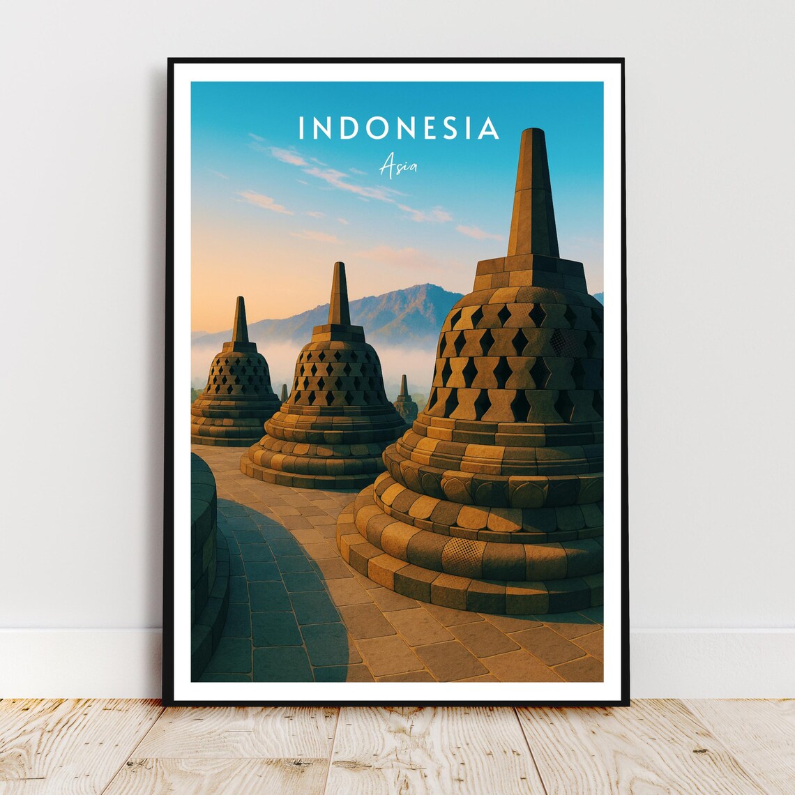 Indonesia Borobudur Temple Stupas Sunrise Java Asia Travel Poster