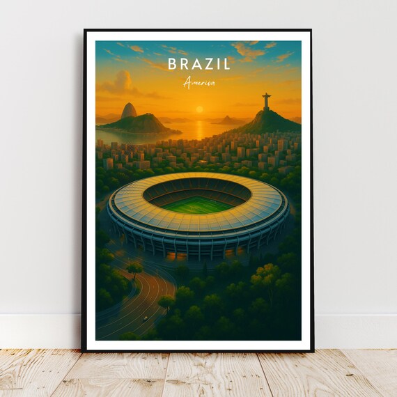 Brazil Maracana Stadium Rio Sunset Football Arena Travel Poster