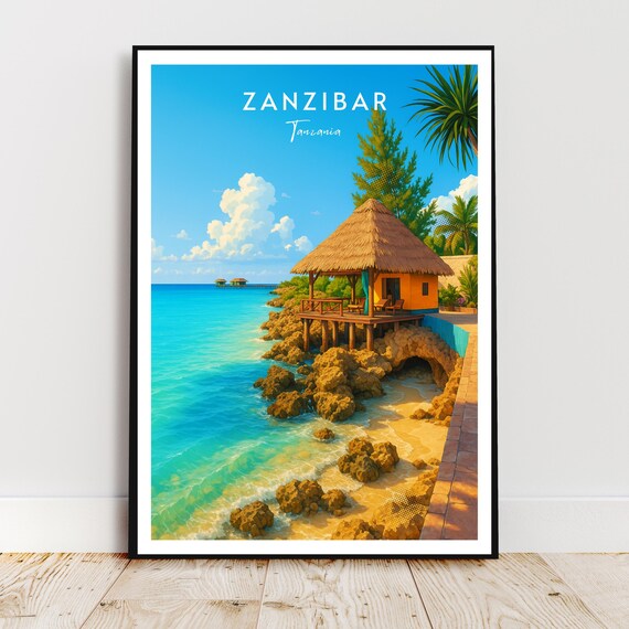 Zanzibar Tanzania Thatched Beach Hut Turquoise Coast Travel Poster