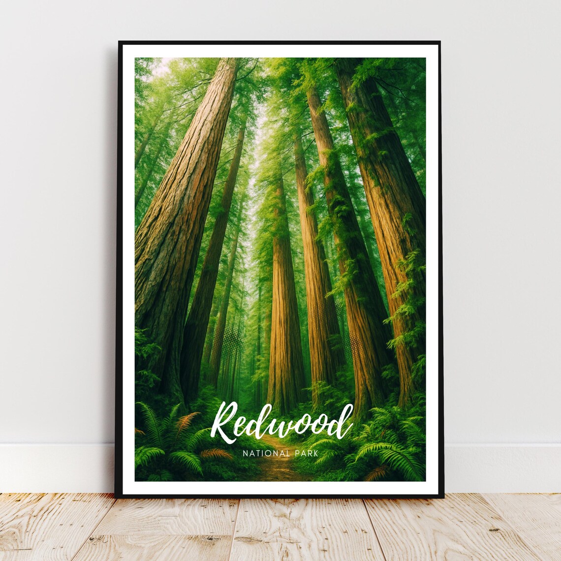 Redwood National Park Towering Forest Sunbeam Path Vintage Travel Poster