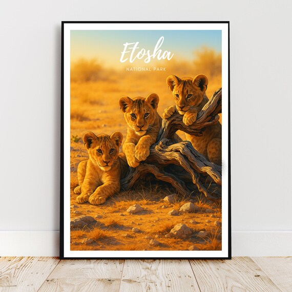 Etosha National Park Lion Cubs Poster Golden Savanna Wildlife Artwork