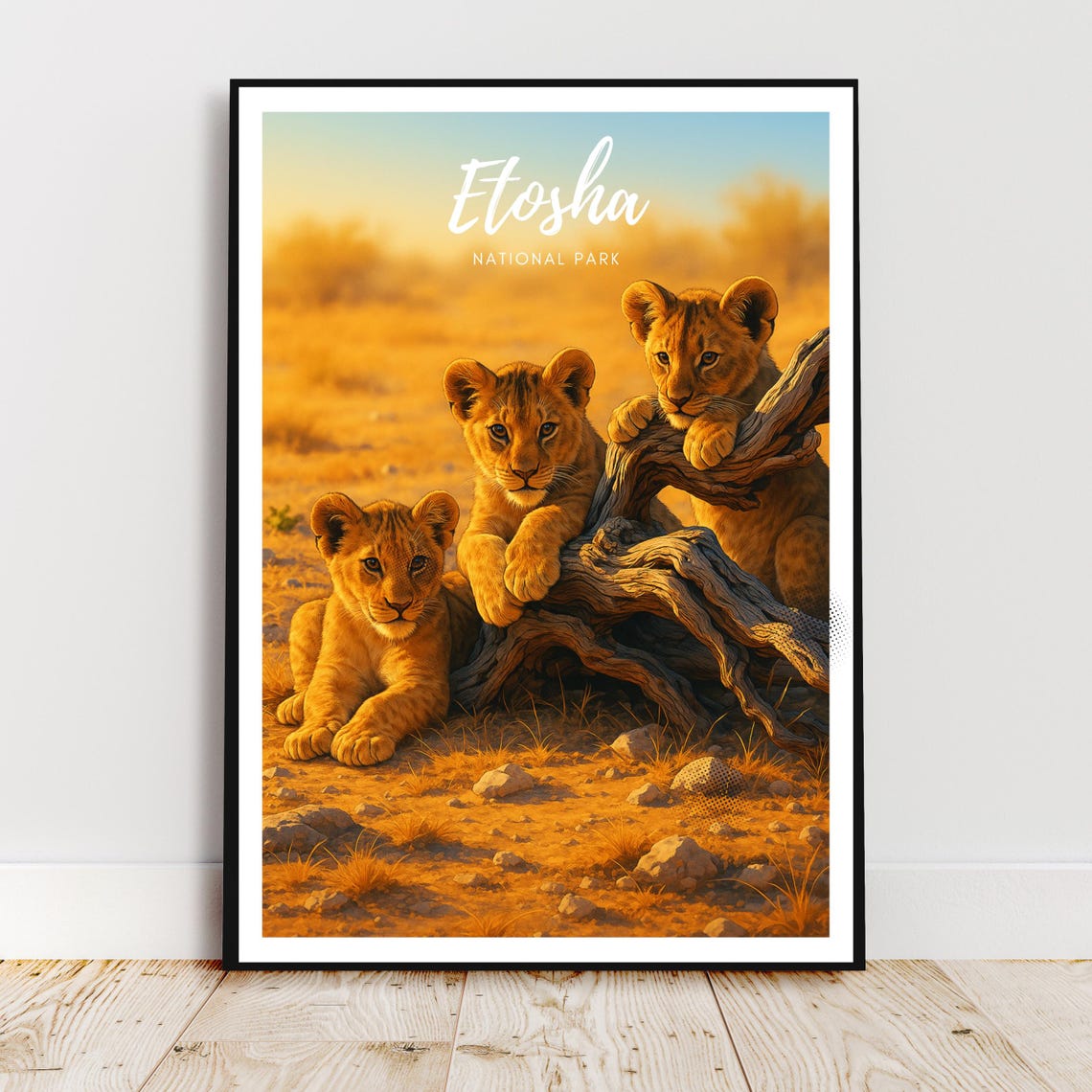Etosha National Park Lion Cubs Poster Golden Savanna Wildlife Artwork