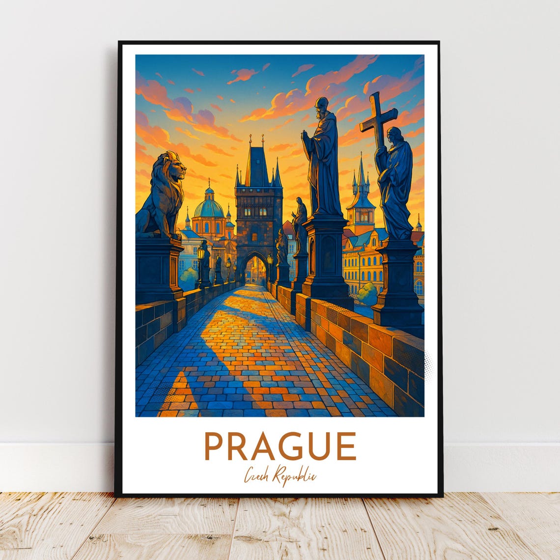 Prague Czech Republic Charles Bridge Statues Sunset Travel Poster