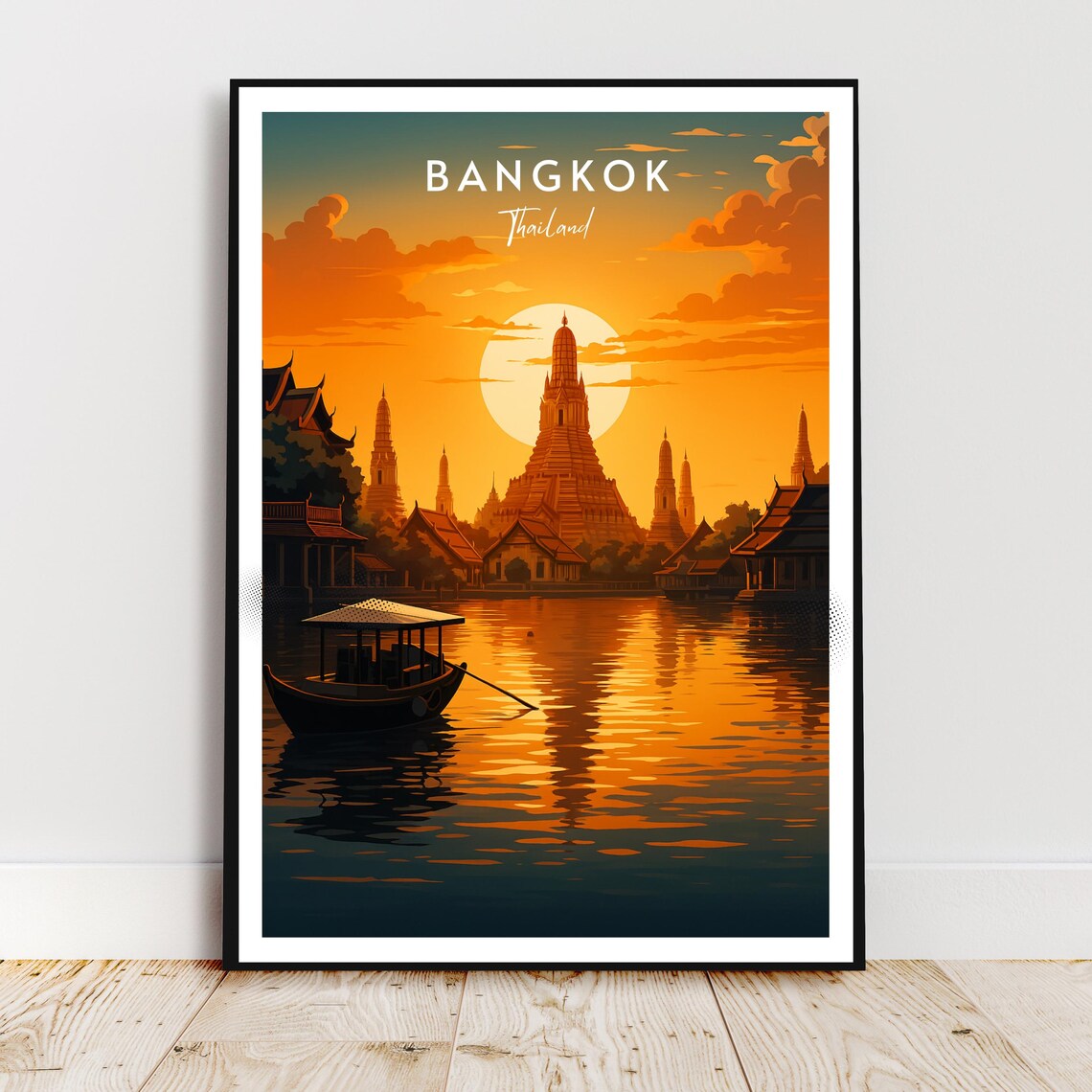 Bangkok Thailand Wat Arun Temple Golden Sunset River Travel Poster