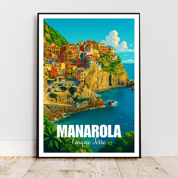 Manarola Cinque Terre Colorful Cliffside Village Seaside Vintage Poster