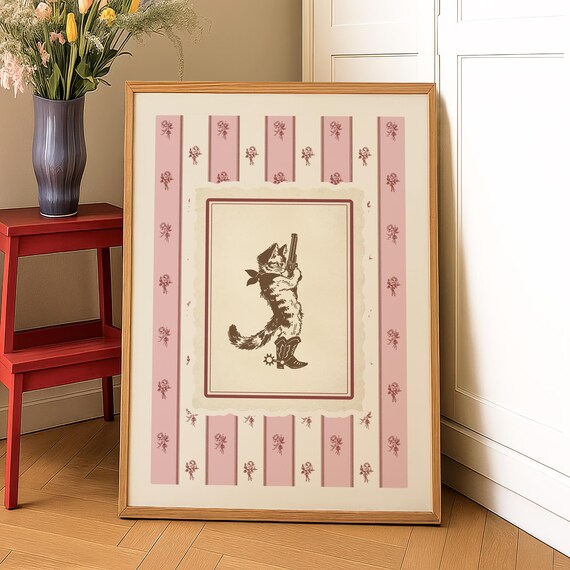 Cowgirl Cat With Revolver Pink Western Toile Stripe Art Poster