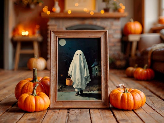Vintage Ghost Trick or Treater Pumpkin Pail Moonlit Night Poster