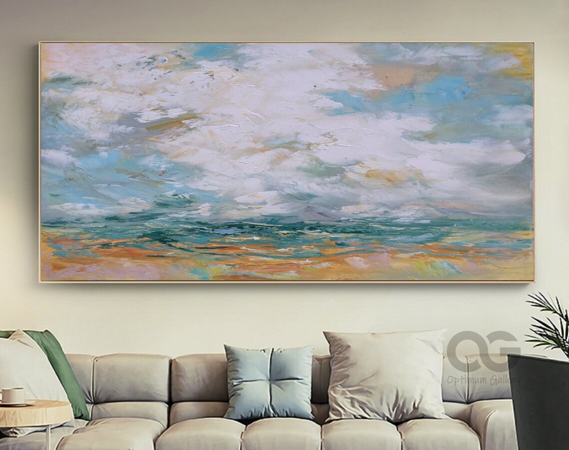 Abstract Seascape Painting Cloudy Sky Golden Sea Panoramic Beach Wall Art Poster