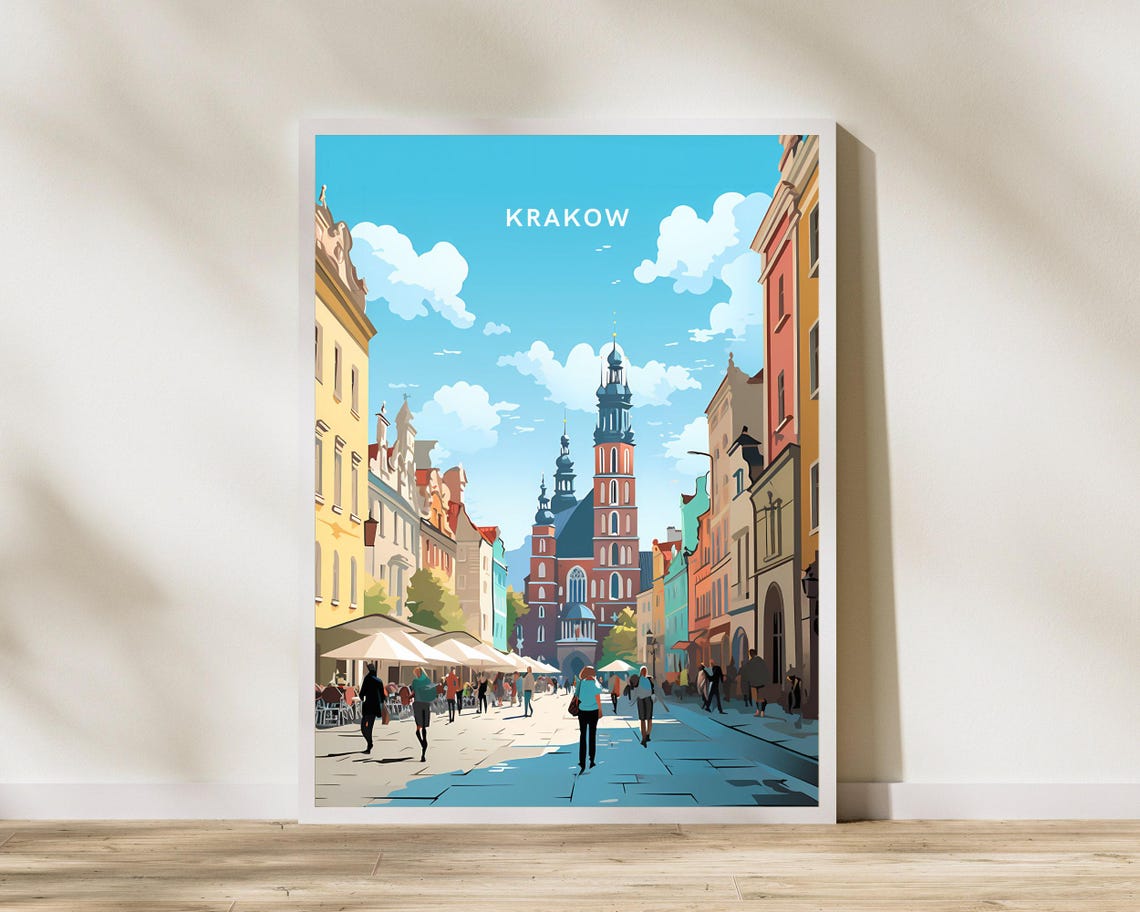 Krakow Poland Main Square St Marys Basilica Vintage Travel Poster