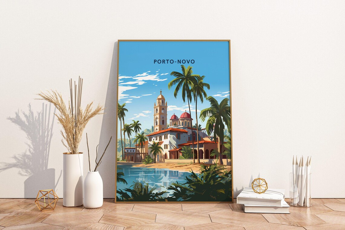 Porto-Novo Benin Church Palm Lagoon Tropical Retro Travel Poster
