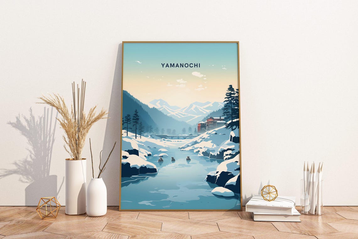 Yamanochi Japan Snowy River Pine Forest Travel Poster Winter Art