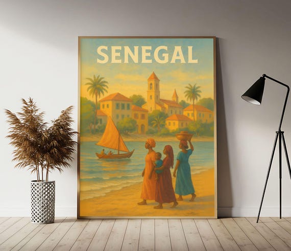 Senegal Coastal Village Travel Poster Senegalese Wall Art Print Vintage Decor