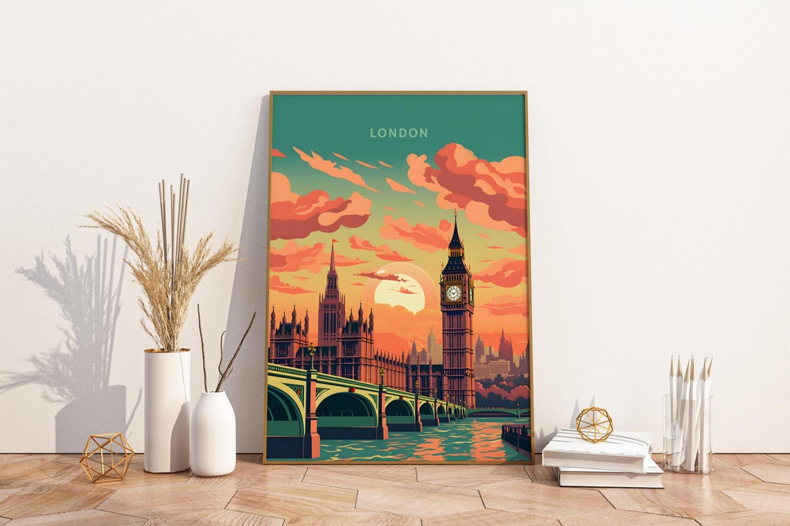 London Big Ben Sunset Skyline Westminster Retro Travel Poster