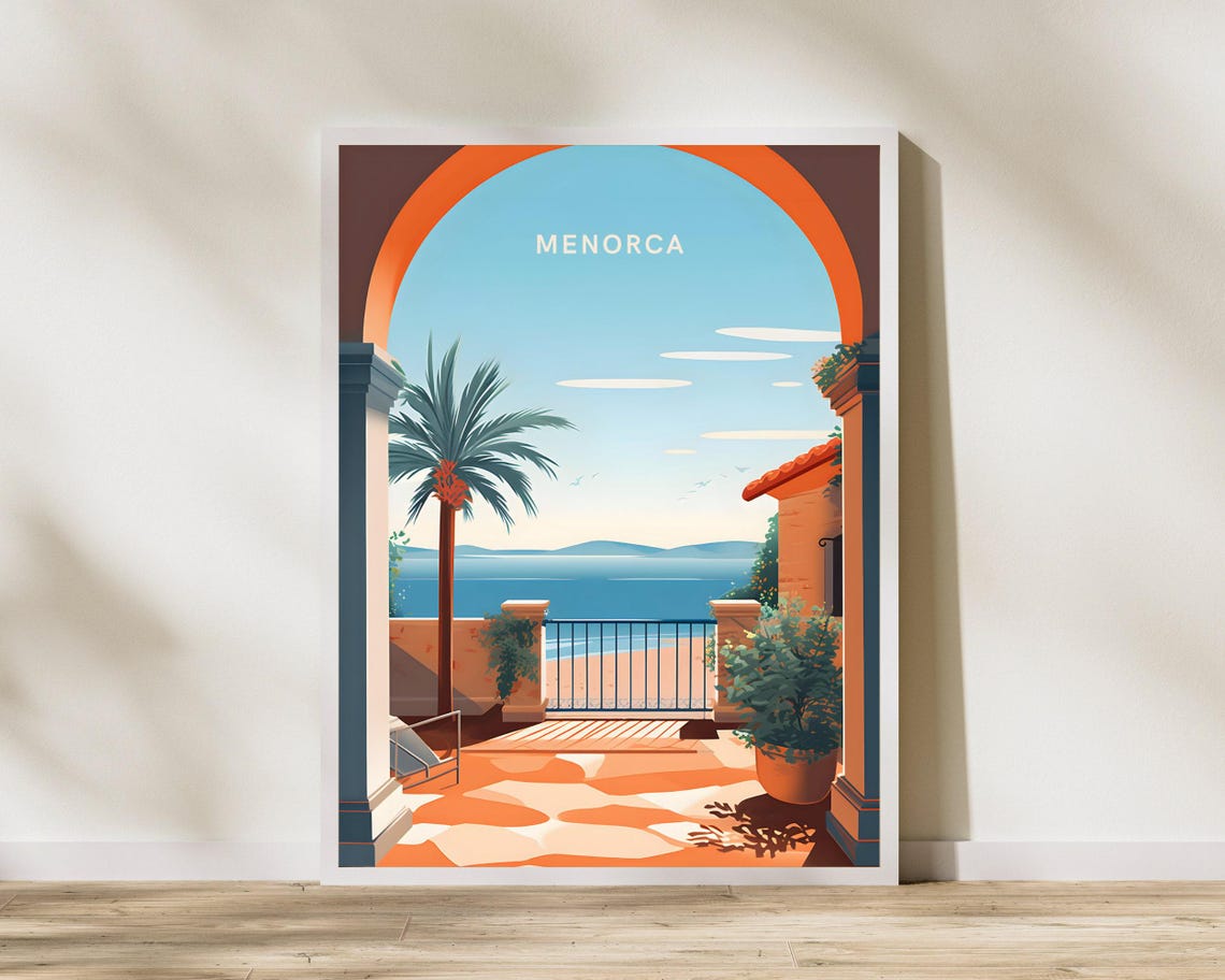 Menorca Spain Terrace Arch Sea View Mediterranean Travel Poster