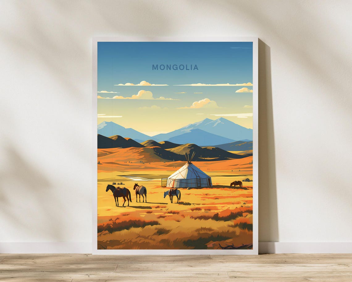 Mongolia Steppe Ger Camp Horses Golden Autumn Landscape Poster