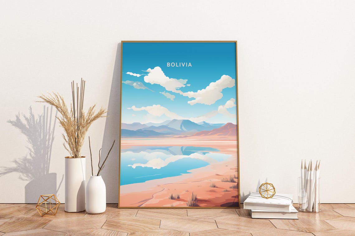 Bolivia Salt Flat Desert Mirror Skyline Vintage Travel Poster