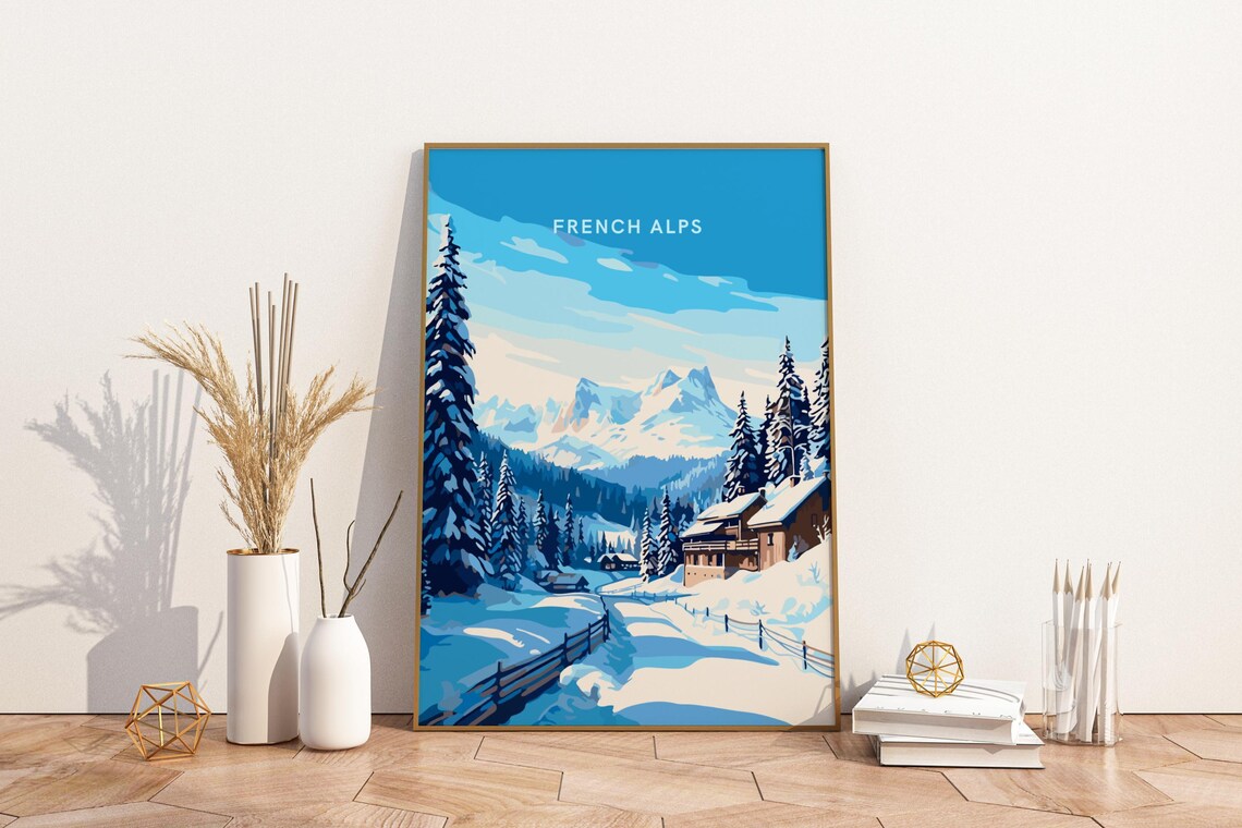 French Alps Snowy Mountain Chalet Village Winter Vintage Poster