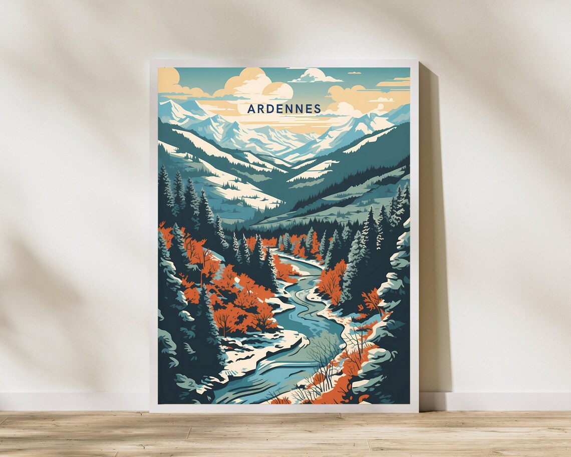 Ardennes France Snowy Mountain Valley River Autumn Forest Poster
