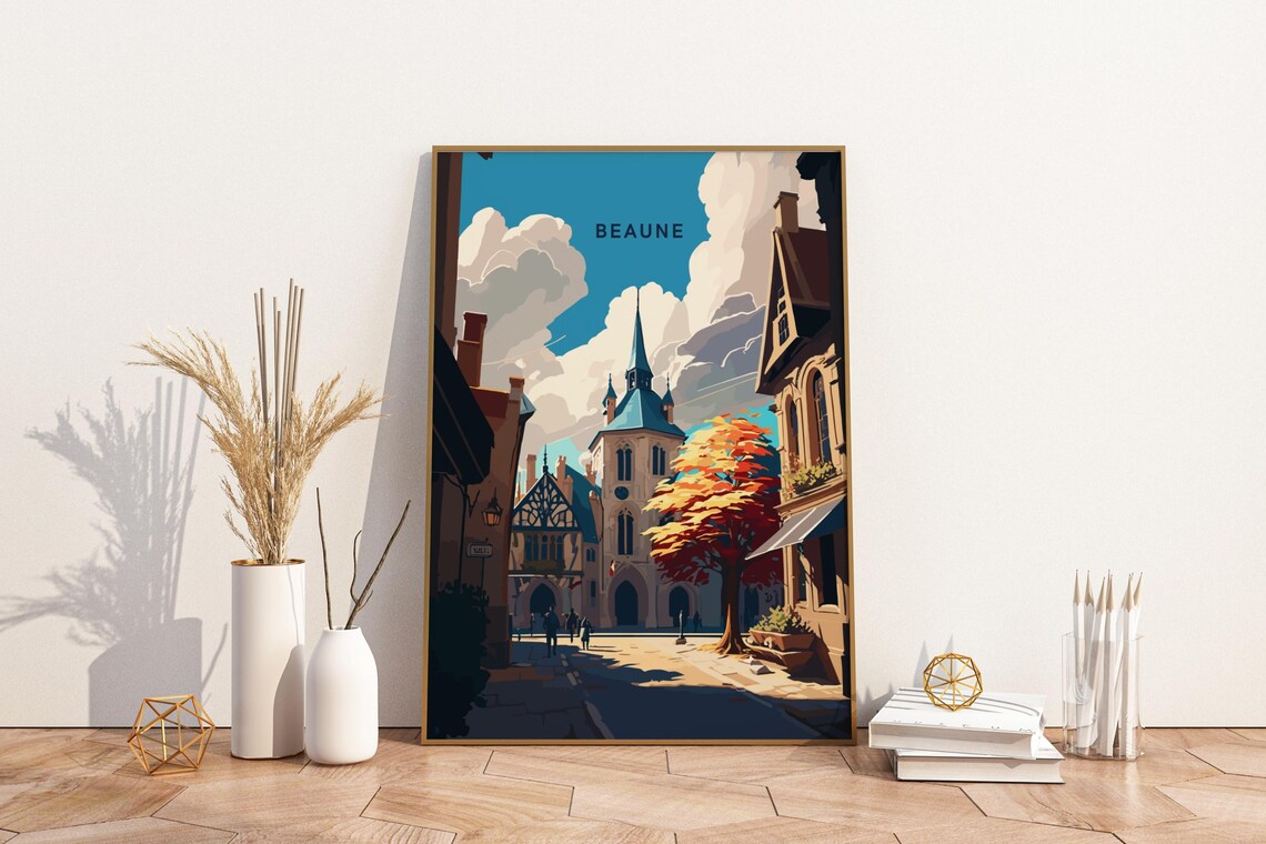 Beaune France Historic Old Town Church Autumn Vintage Travel Poster