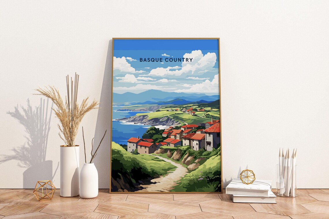 Basque Country Spain Coastal Village Hills Vintage Travel Poster