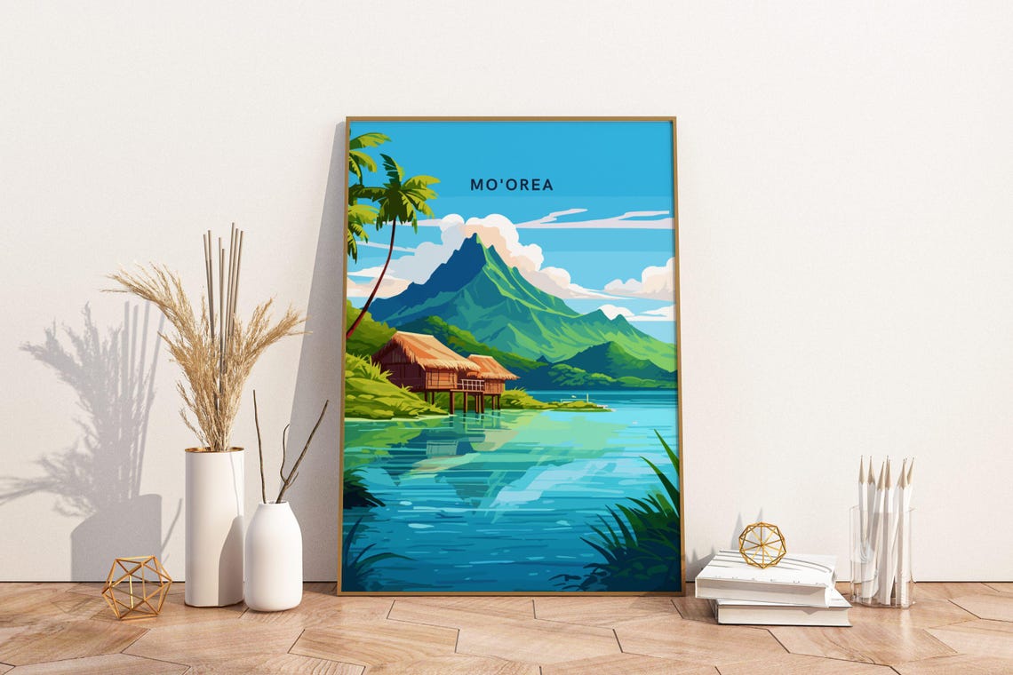 Moorea French Polynesia Travel Poster With Overwater Bungalow View