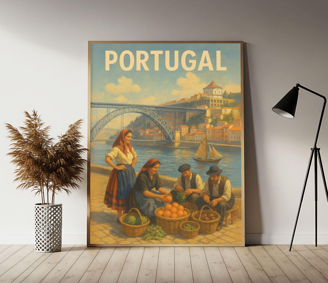 Portugal Porto Vintage Travel Art Dom Luis Bridge Market Poster